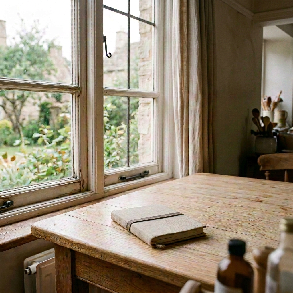 Wooden desk near window with old book, ink bottle with quill, alarm clock, coffee mug, succulent, and glasses on notebook
